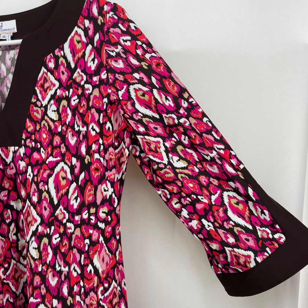 Jude Connally Size S Holly Dress Pink Brown Ikat Print Split Neck Shift Abstract - Picture 4 of 6